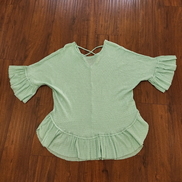 Hummingbird Tops - MINT GREEN BLOUSE WITH RUFFLE SLEEVES RUFFLE TRIM ON HEM